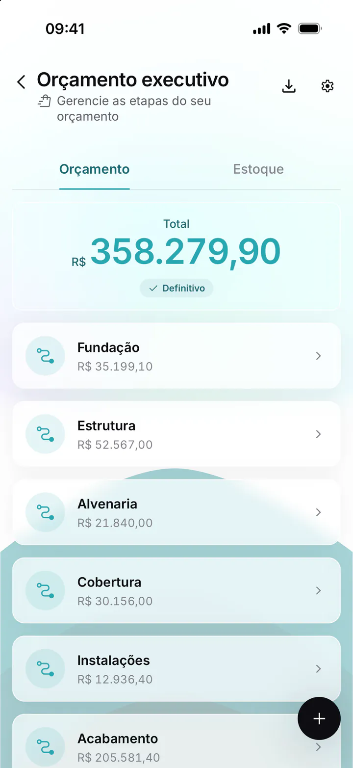 Orçamento executivo de R$ 358.279,90 organizado por etapas: fundação, estrutura, alvenaria, cobertura, instalações e acabamento.