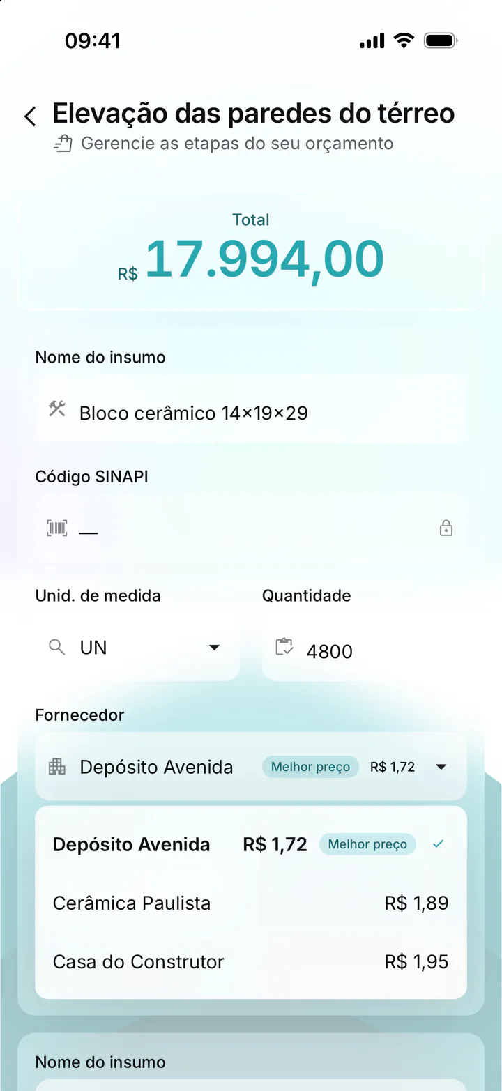 Comparação de fornecedores para o bloco cerâmico: Depósito Avenida a R$ 1,72 com selo de melhor preço, Cerâmica Paulista a R$ 1,89 e Casa do Construtor a R$ 1,95.