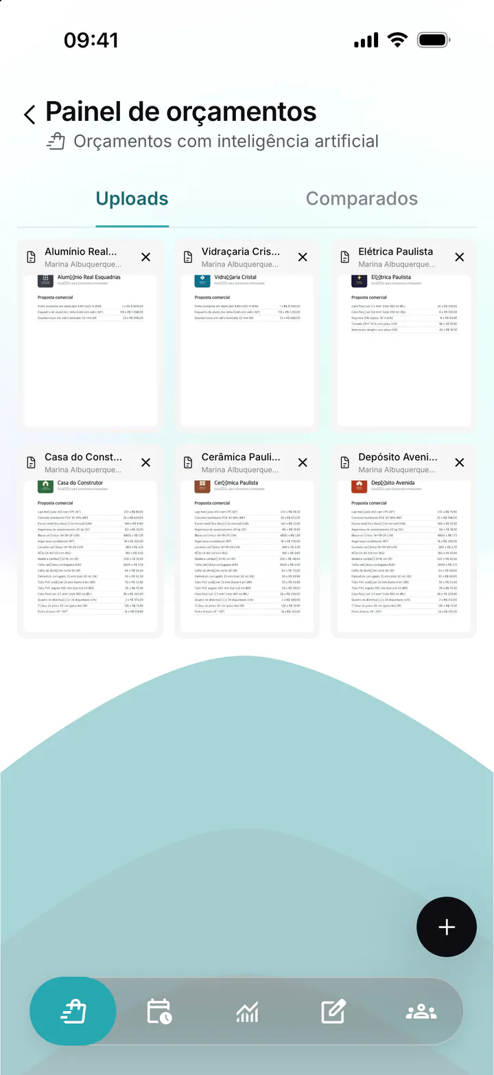 Painel de orçamentos com seis cotações de fornecedores enviadas em PDF: Alumínio Real, Vidraçaria Cristal, Elétrica Paulista, Casa do Construtor, Cerâmica Paulista e Depósito Avenida.
